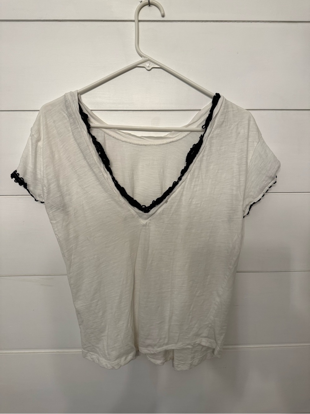 Anthropologie White Blouse with Black Crochet Edge